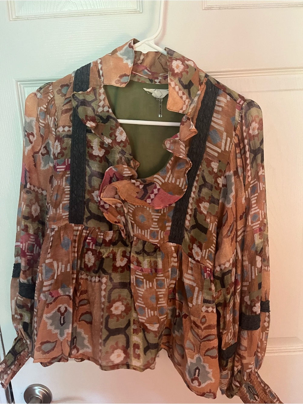 ENTRO Boho Ruffle Front Printed Blouse - Rust Multi